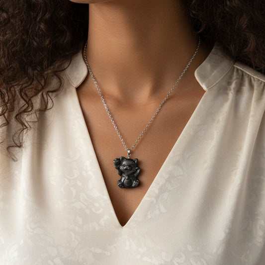 Pendentif Chat porte-bonheur en Obsidienne argentée