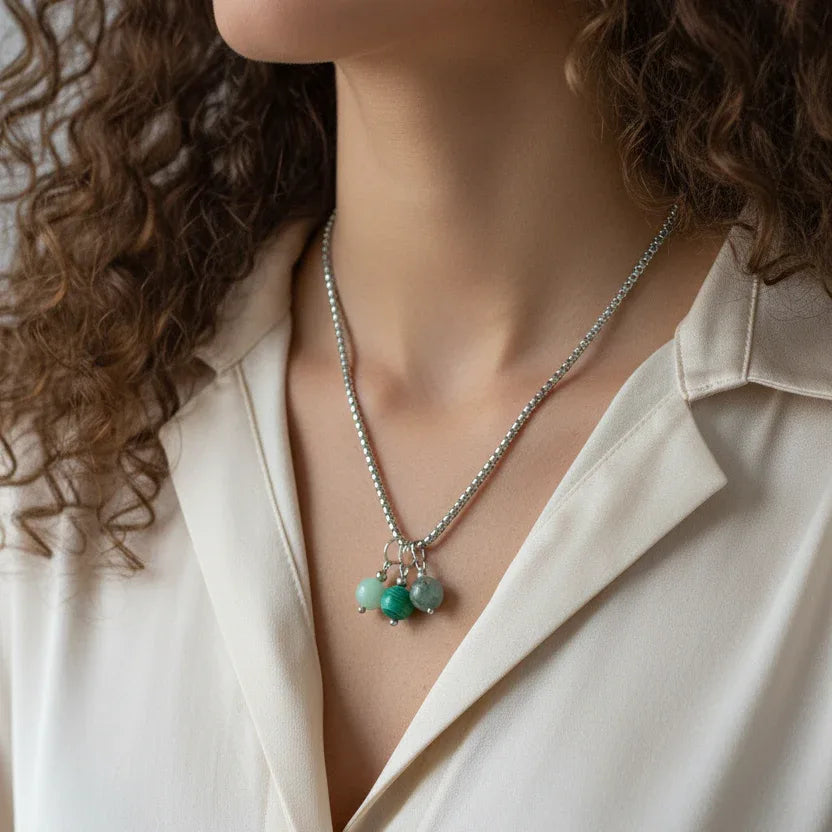 Collier 3 perles : Chrysoprase, Malachite, Agate mousse