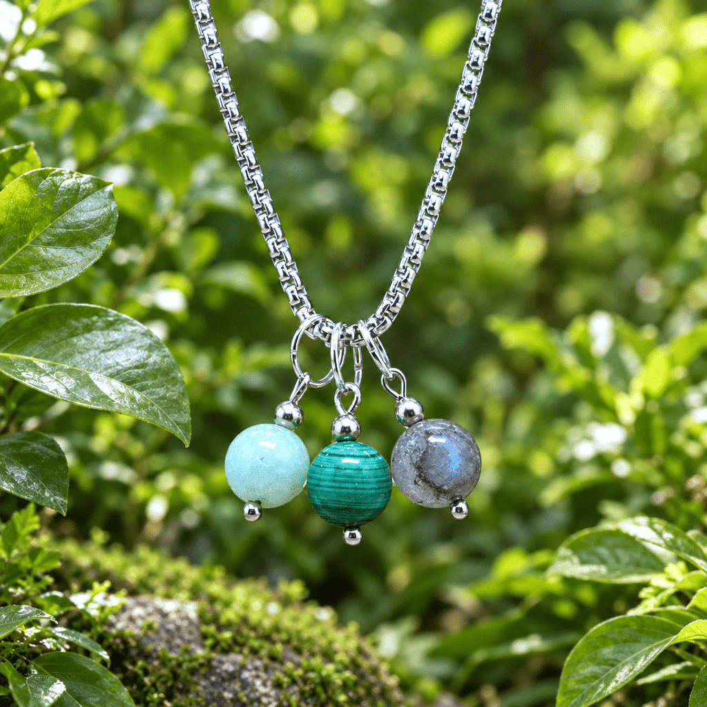 Collier 3 perles : Chrysoprase, Malachite, Agate mousse