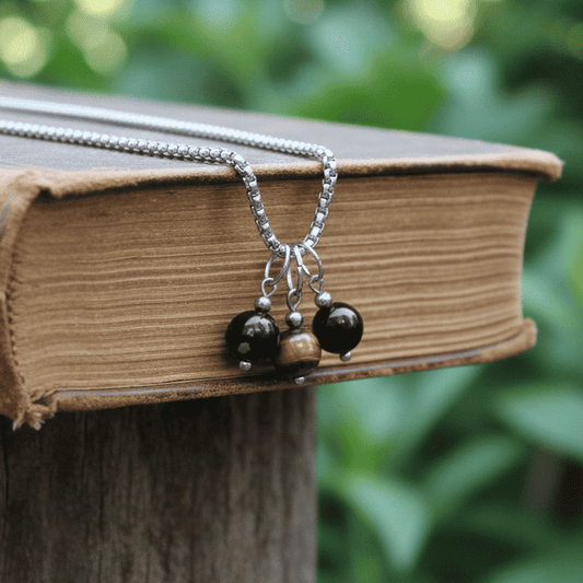 Collier 3 perles : Obsidienne mouchetée, Œil de Tigre et Obsidienne Œil Céleste