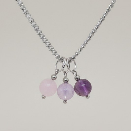 Collier 3 perles : Quartz rose, Kunzite et Tourmaline rose