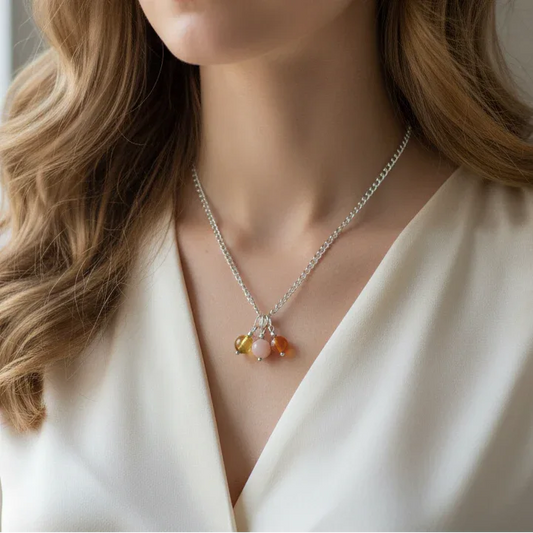 Collier 3 perles : Ambre, Pierre de Lune pêche et Cornaline - ENAE Minéraux