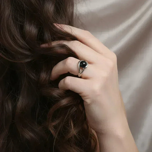 Bague réglable en Obsidienne noire et acier inoxydable (BAG91)