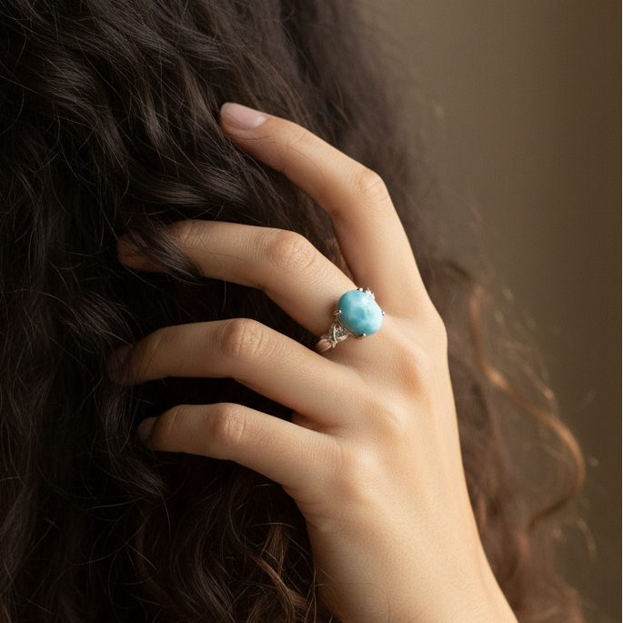 Bague réglable en Larimar et cuivre (BAG27 - 4)