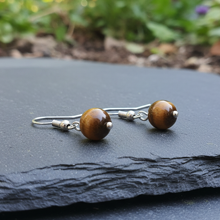Boucles d'oreilles 1 perle en Œil de Tigre (BO250)