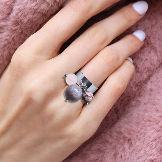 Bague réglable en Agate indienne, Rhodonite et Quartz rose (BAGA3P)