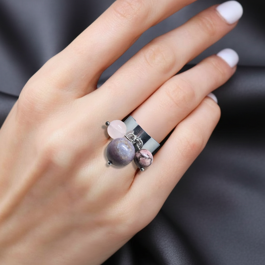 Bague réglable en Agate indienne, Rhodonite et Quartz rose (BAGA3P)