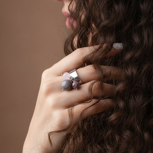 Bague réglable en Agate indienne, Rhodonite et Quartz rose (BAGA3P)