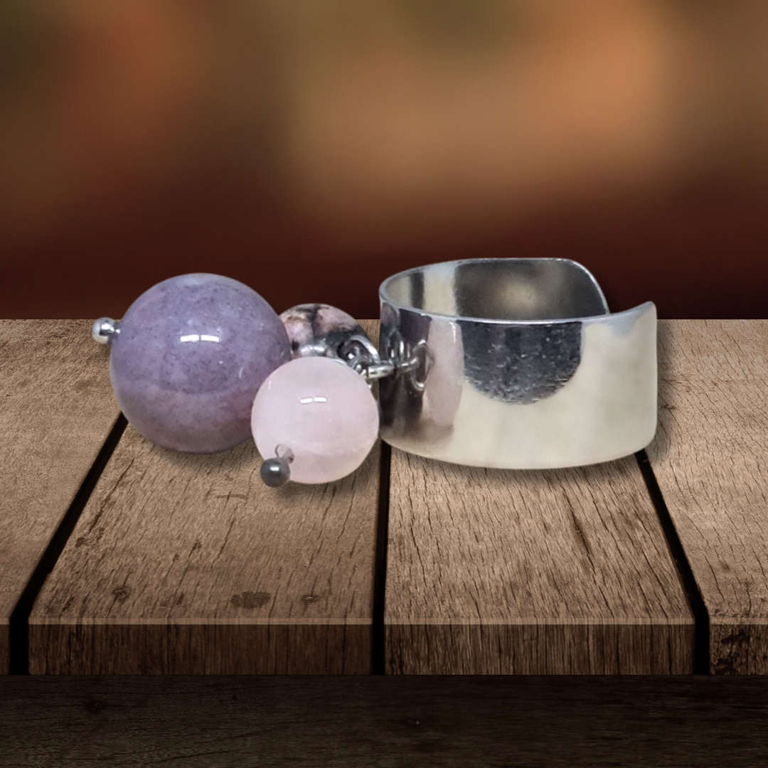 Bague réglable en Agate indienne, Rhodonite et Quartz rose (BAGA3P) - ENAE Minéraux