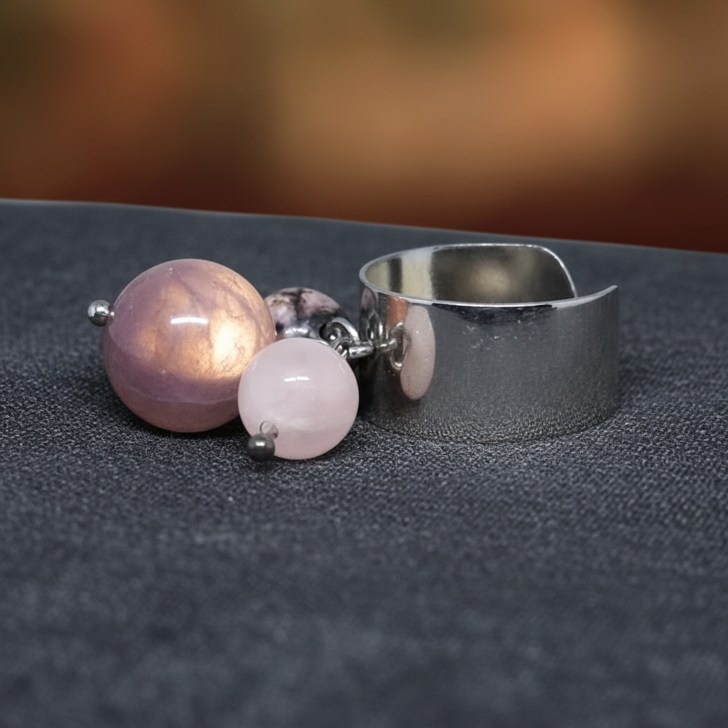 Bague réglable en Agate indienne, Rhodonite et Quartz rose (BAGA3P)