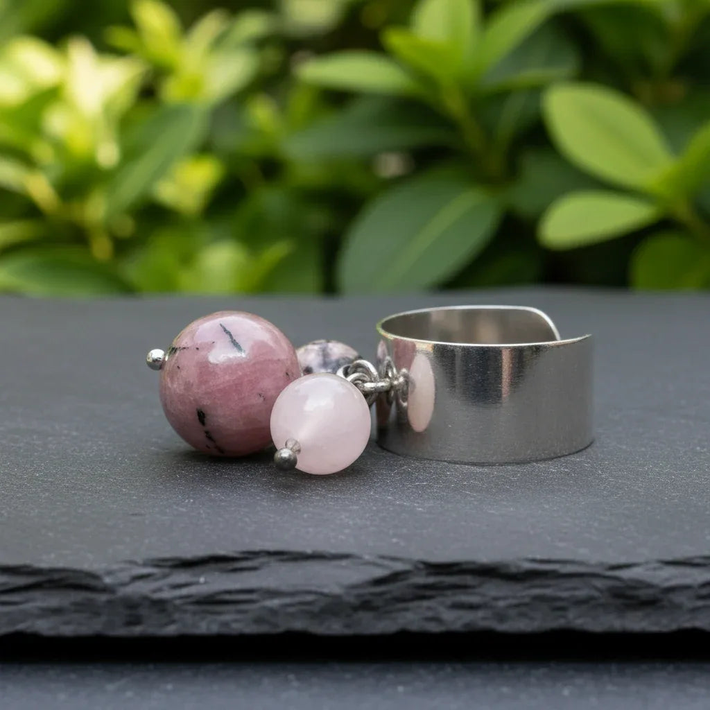 Bague réglable en Agate indienne, Rhodonite et Quartz rose (BAGA3P)