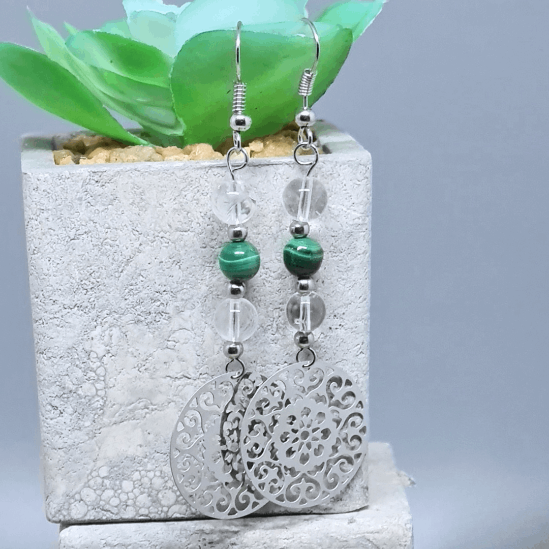 Boucles d'oreilles en perles de Malachite et Cristal de Roche (BO213)