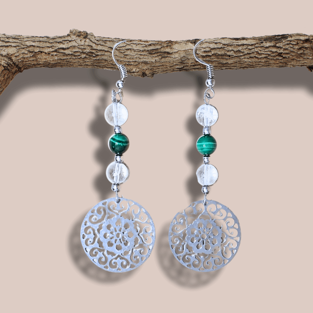 Boucles d'oreilles en perles de Malachite et Cristal de Roche (BO213)