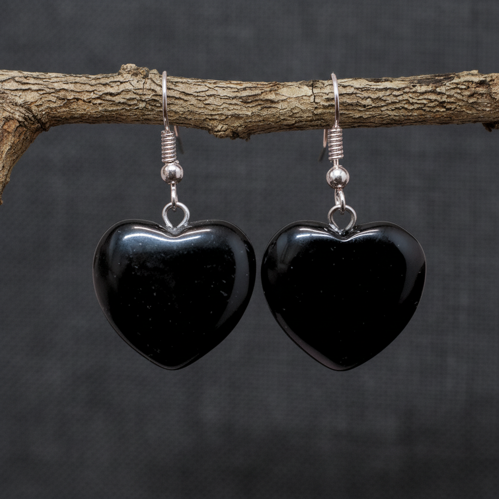 Boucles d'oreilles cœur en Obsidienne noire (BOC)