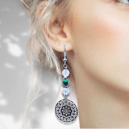 Boucles d'oreilles en perles de Malachite et Cristal de Roche (BO213)