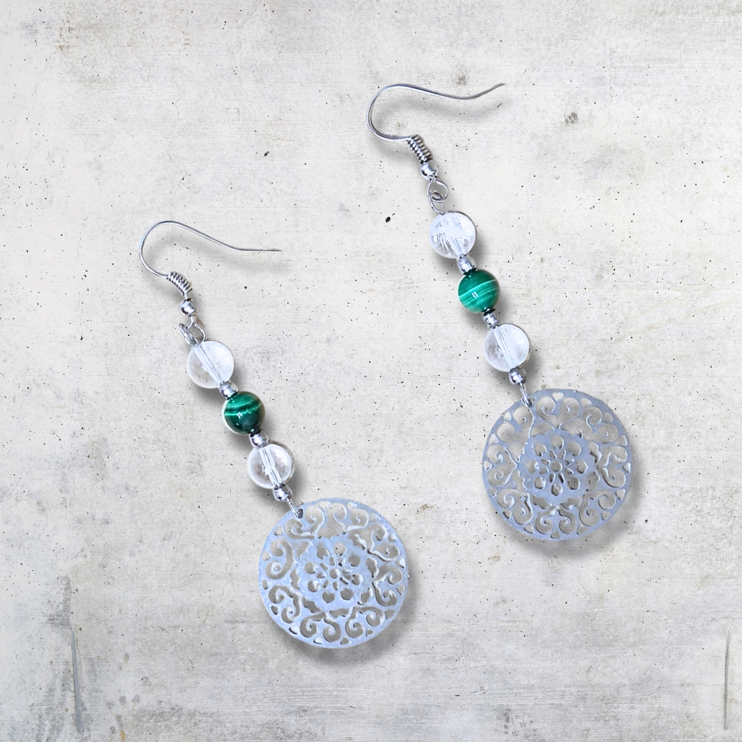 Boucles d'oreilles en perles de Malachite et Cristal de Roche (BO213) - ENAE Minéraux