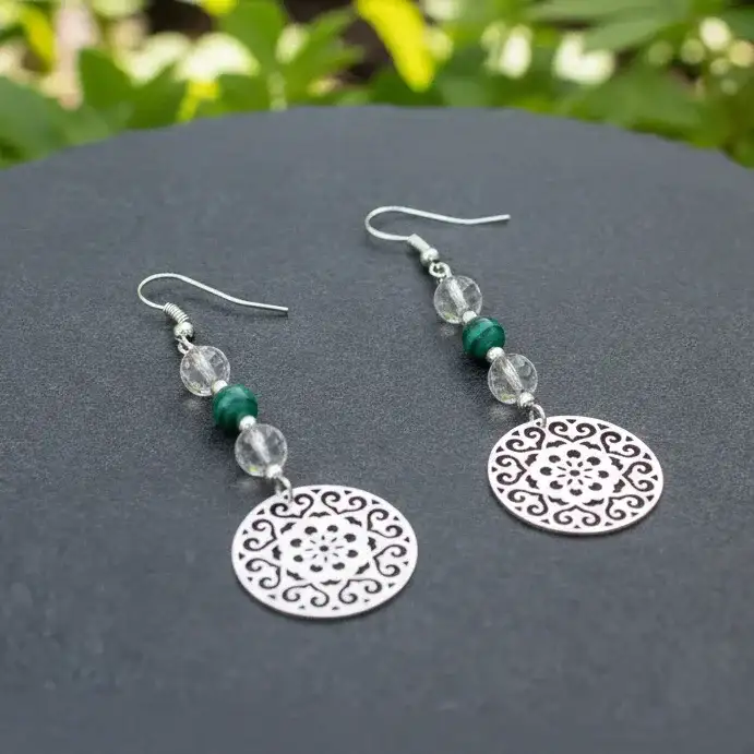 Boucles d'oreilles en perles de Malachite et Cristal de Roche (BO213)