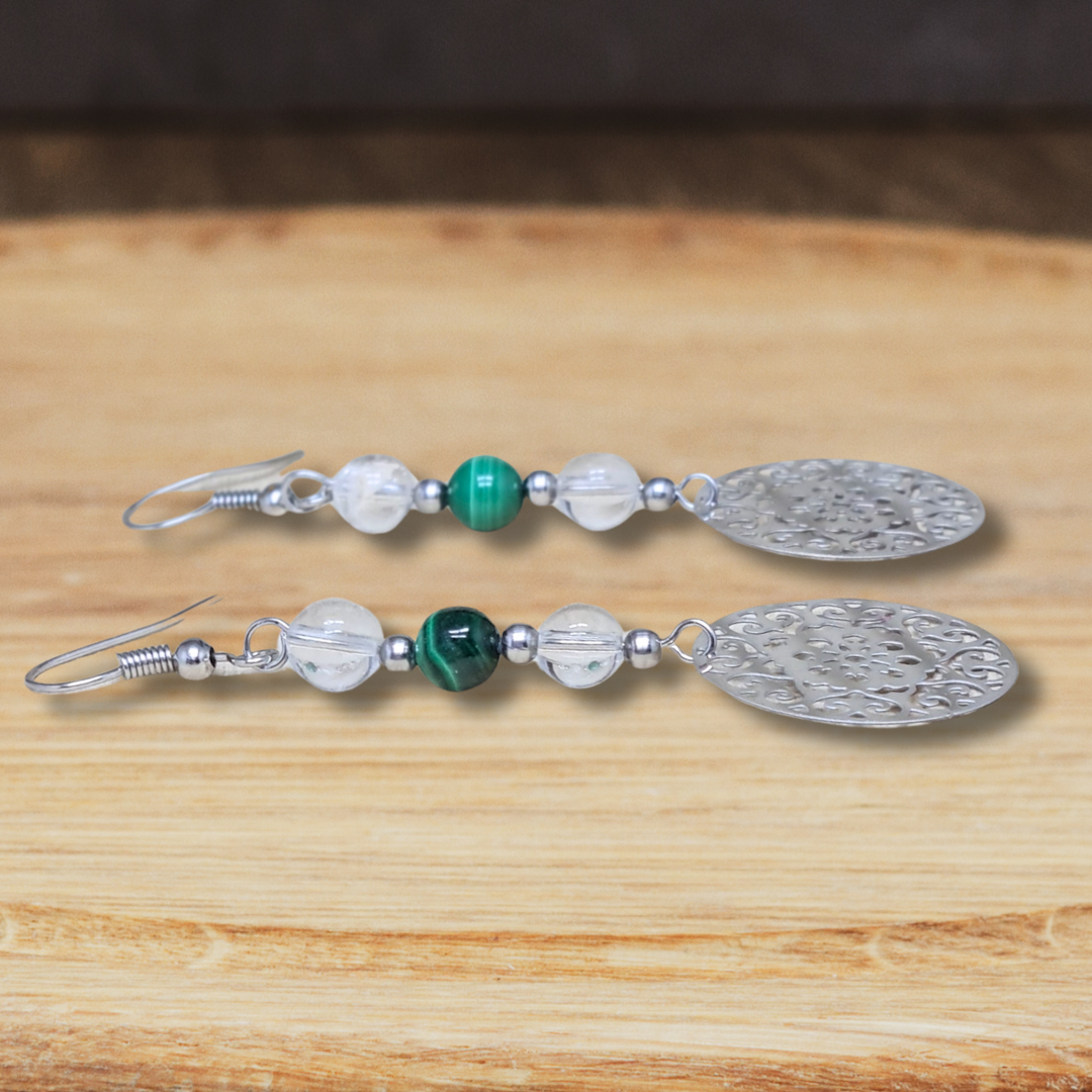 Boucles d'oreilles en perles de Malachite et Cristal de Roche (BO213) - ENAE Minéraux