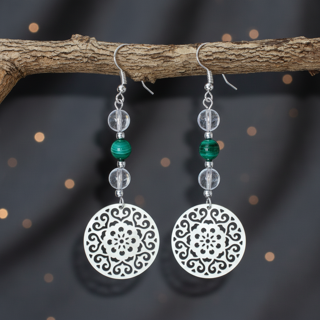 Boucles d'oreilles en perles de Malachite et Cristal de Roche (BO213)