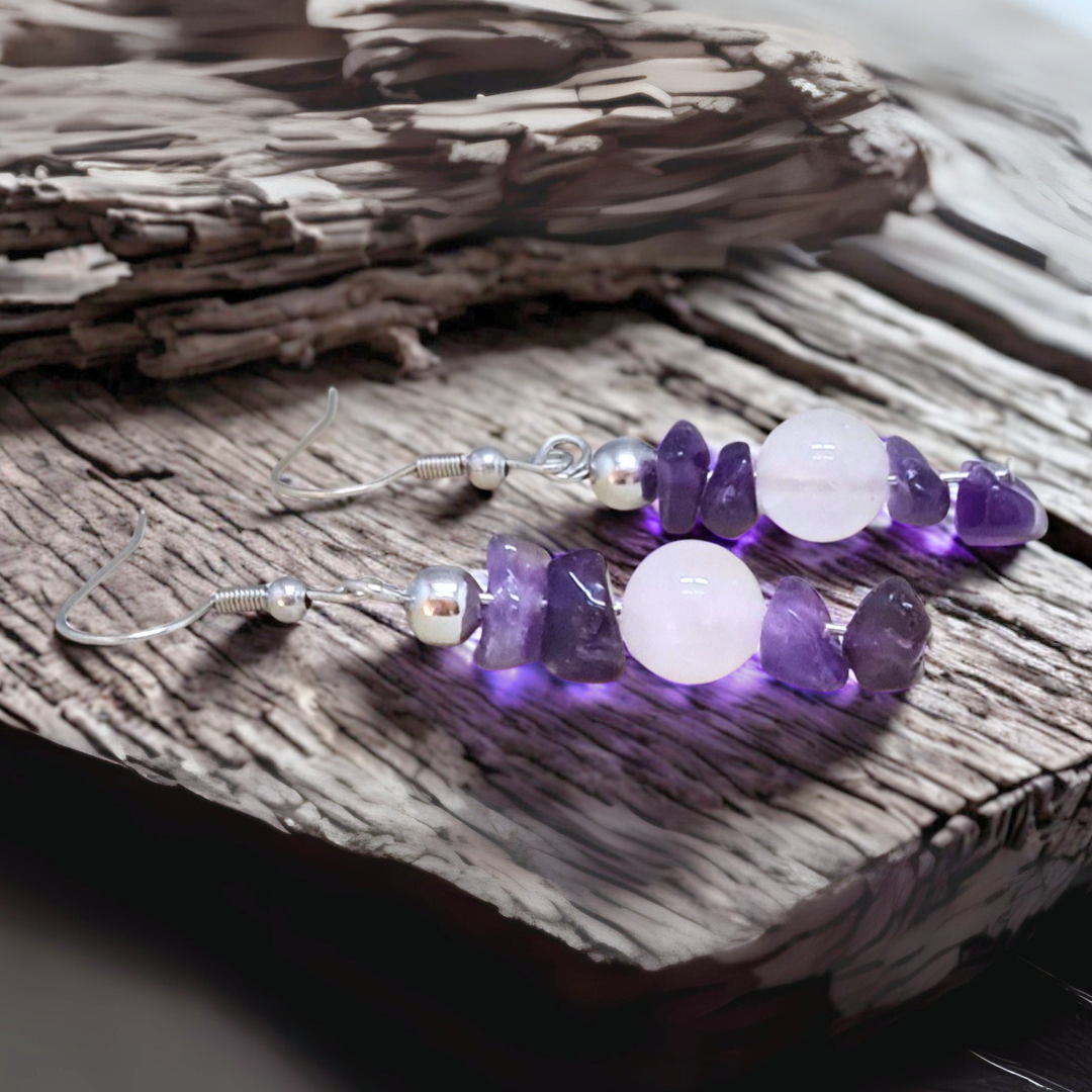 Boucles d'oreilles en Améthyste et Quartz rose (BO230)