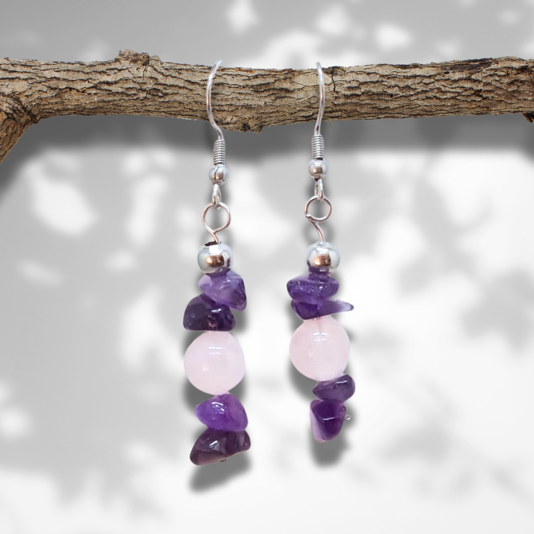 Boucles d'oreilles en Améthyste et Quartz rose (BO230) - ENAE Minéraux