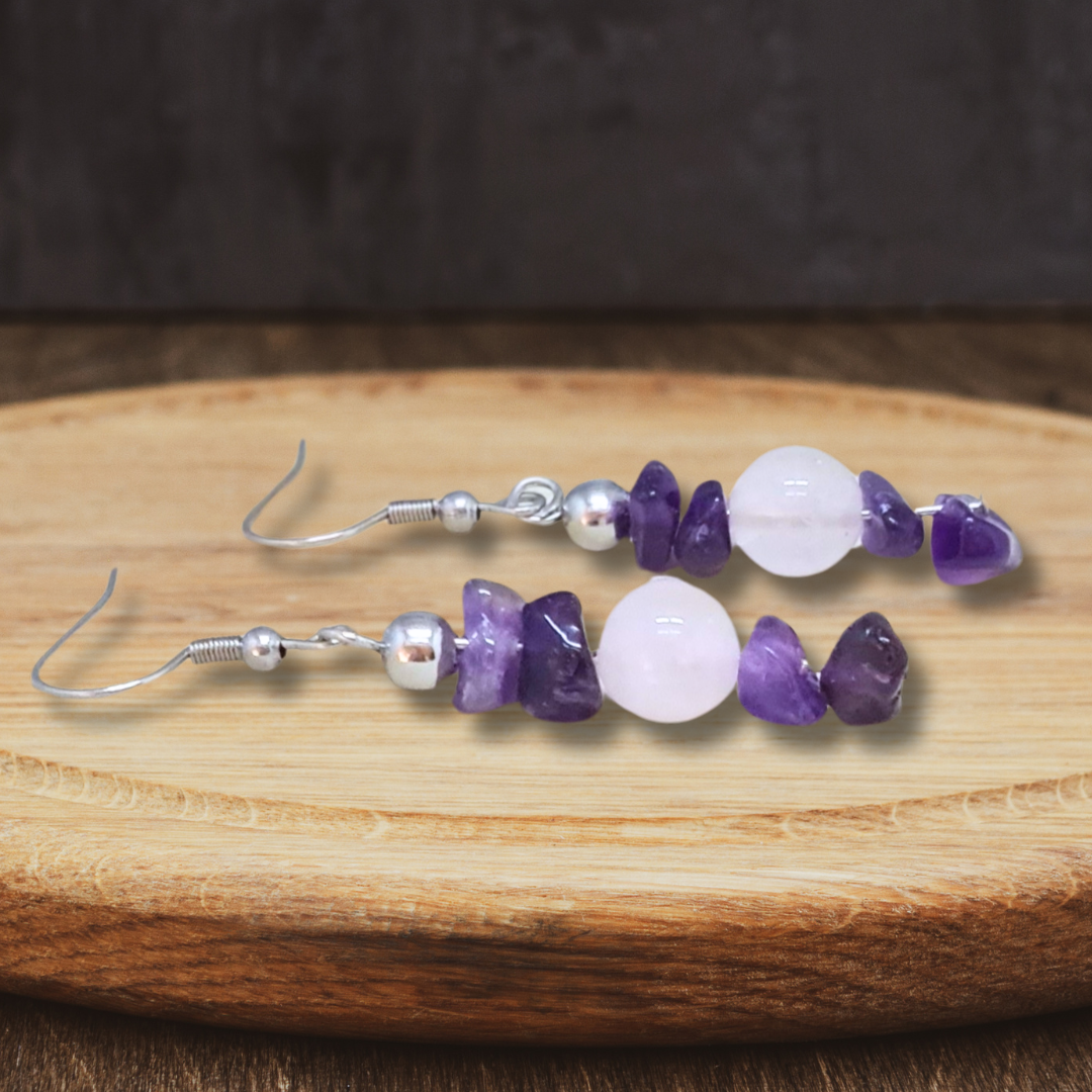Boucles d'oreilles en Améthyste et Quartz rose (BO230) - ENAE Minéraux