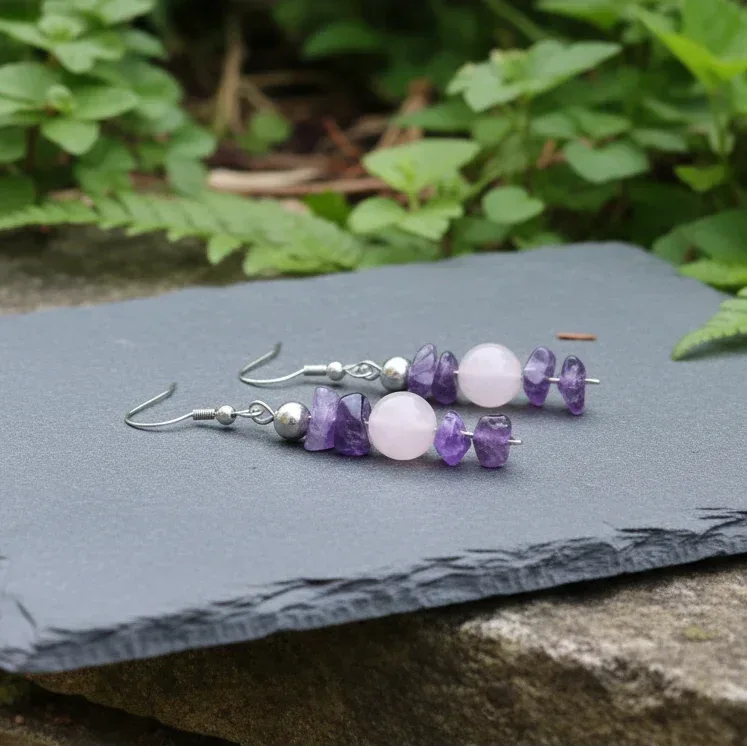 Boucles d'oreilles en Améthyste et Quartz rose (BO230)