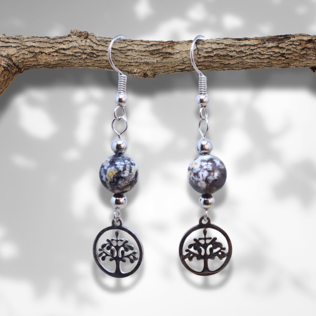 Boucles d'oreilles en Rhyolite Océan et Arbre de Vie (BO231) - ENAE Minéraux
