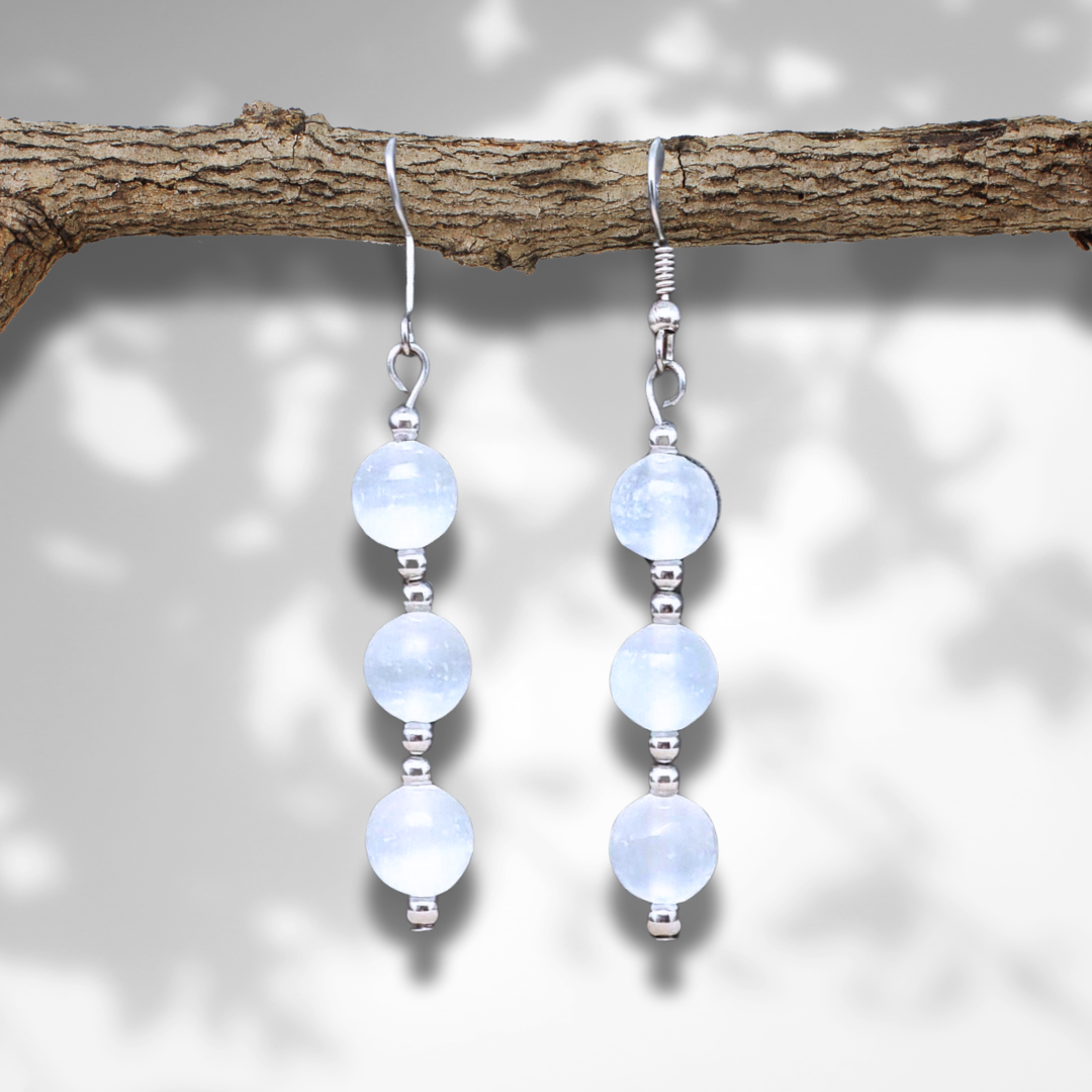 Boucles d'oreilles en Sélénite et acier inoxydable (BOHM186) - ENAE Minéraux