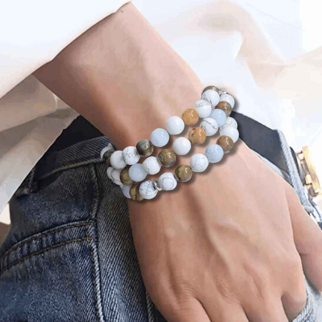 Bracelet triple tour et collier en Howlite, Rhyolite et Aigue-Marine (COLBR23-53)