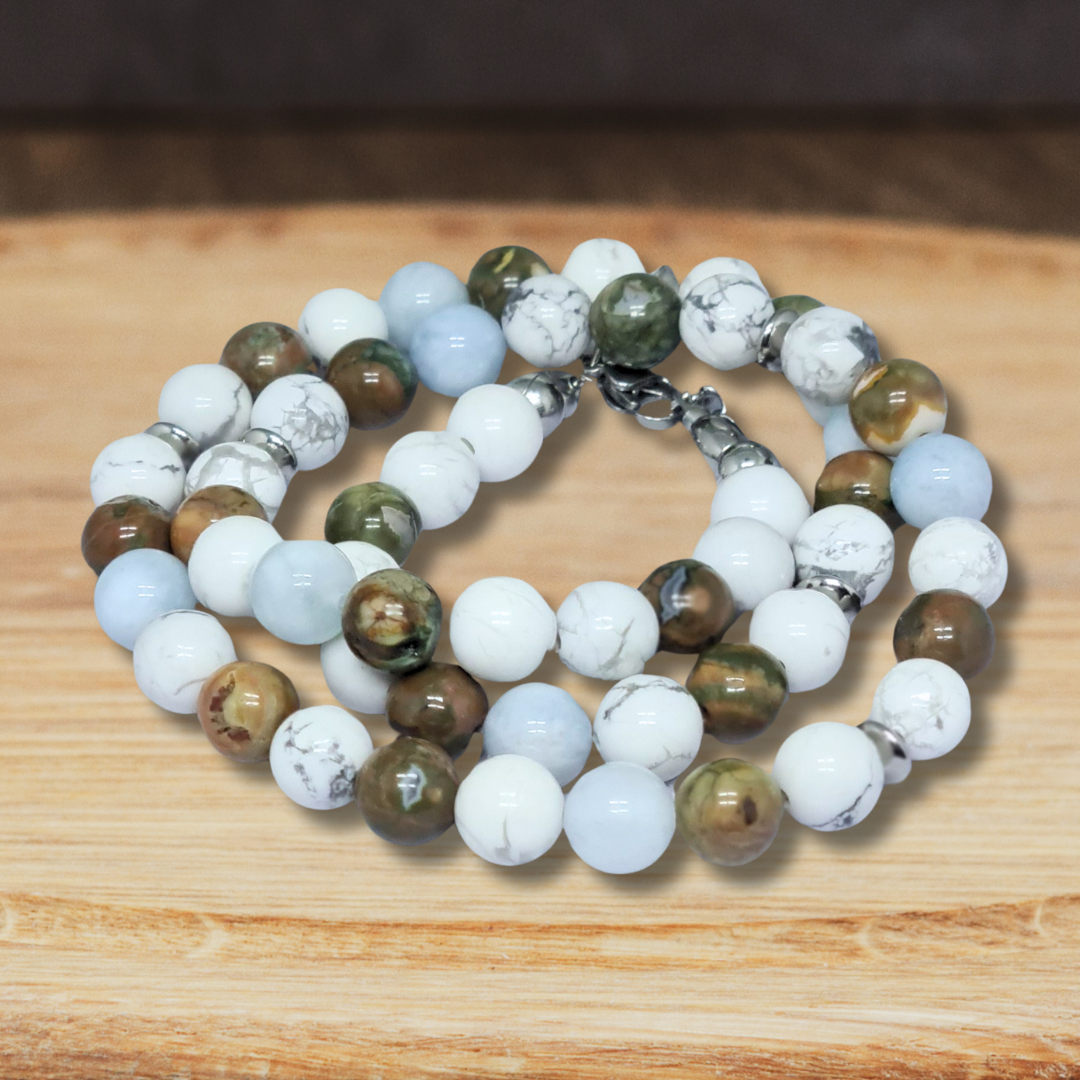 Bracelet triple tour et collier en Howlite, Rhyolite et Aigue-Marine (COLBR23-53) - ENAE Minéraux