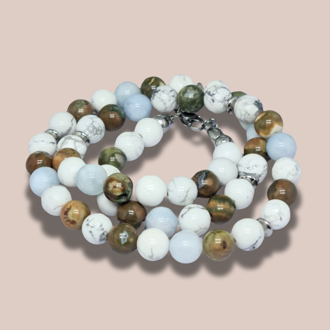 Bracelet triple tour et collier en Howlite, Rhyolite et Aigue-Marine (COLBR23-53)