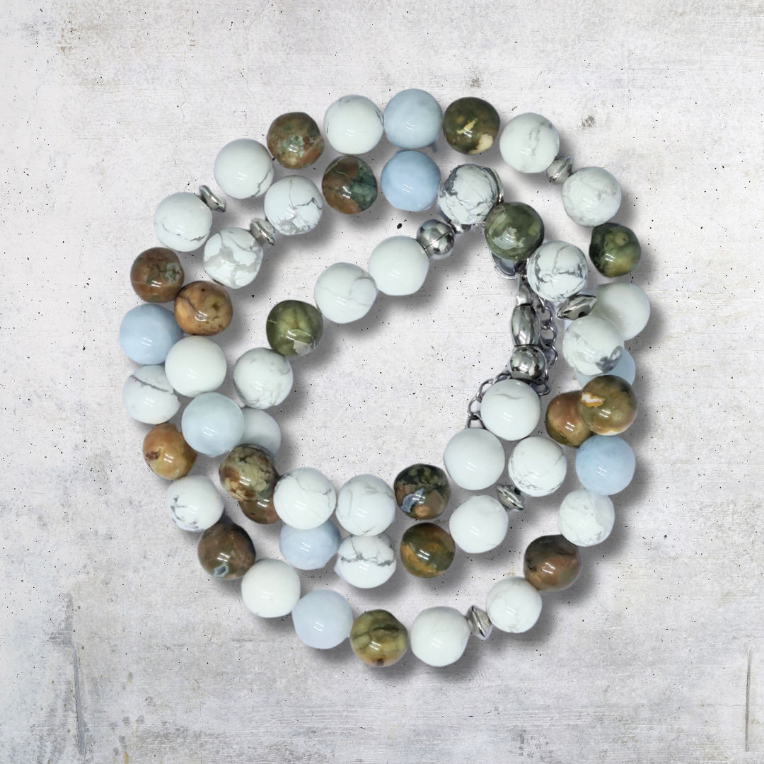 Bracelet triple tour et collier en Howlite, Rhyolite et Aigue-Marine (COLBR23-53) - ENAE Minéraux