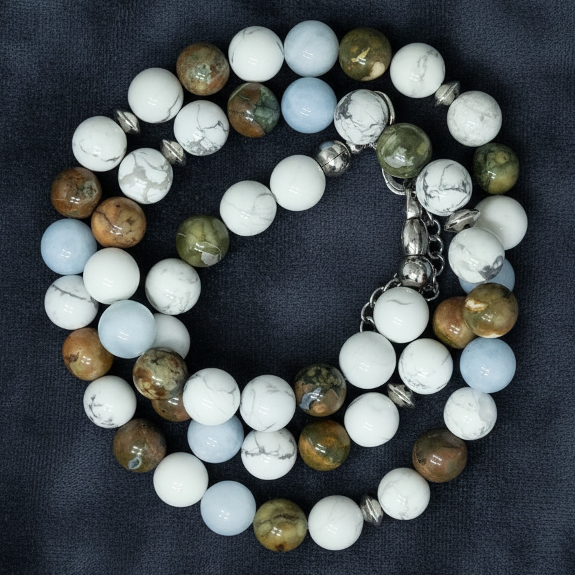 Bracelet triple tour et collier en Howlite, Rhyolite et Aigue-Marine (COLBR23-53)