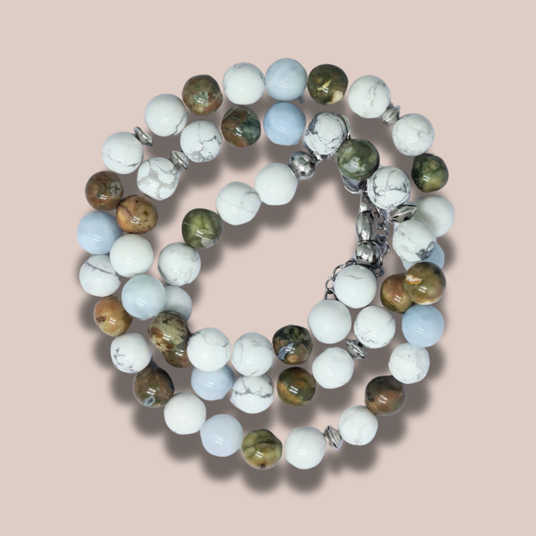 Bracelet triple tour et collier en Howlite, Rhyolite et Aigue-Marine (COLBR23-53)