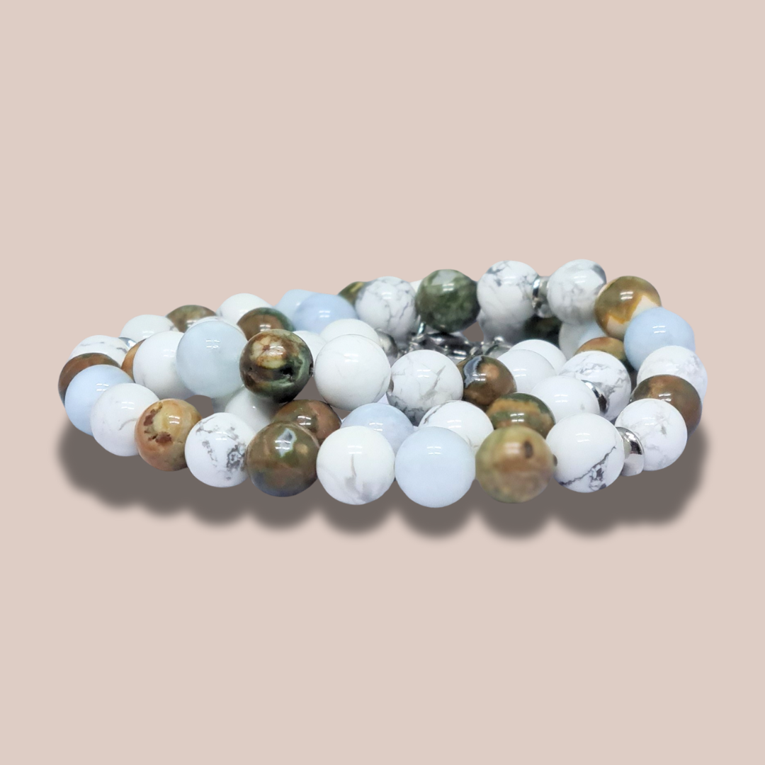 Bracelet triple tour et collier en Howlite, Rhyolite et Aigue-Marine (COLBR23-53)
