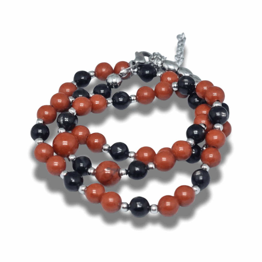 Bracelet triple tour et collier en Jaspe rouge et Hypersthène (COLBR23-55)