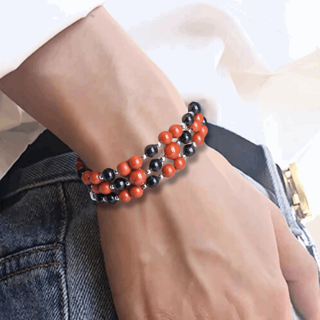 Bracelet triple tour et collier en Jaspe rouge et Hypersthène (COLBR23-55)