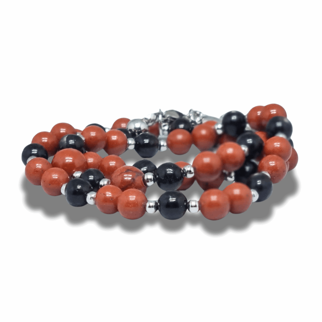 Bracelet triple tour et collier en Jaspe rouge et Hypersthène (COLBR23-55)