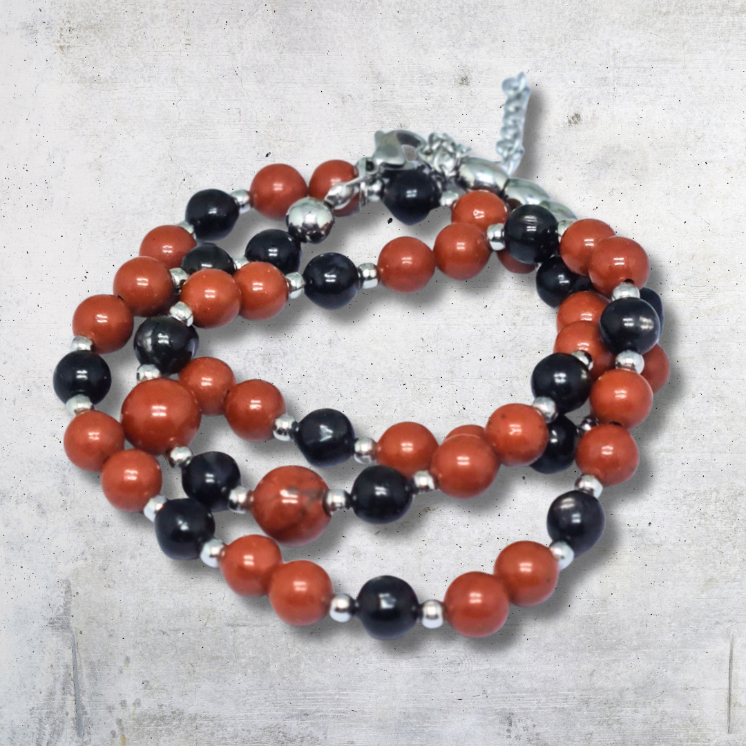Bracelet triple tour et collier en Jaspe rouge et Hypersthène (COLBR23-55) - ENAE Minéraux