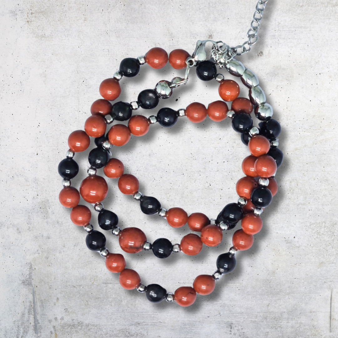 Bracelet triple tour et collier en Jaspe rouge et Hypersthène (COLBR23-55) - ENAE Minéraux
