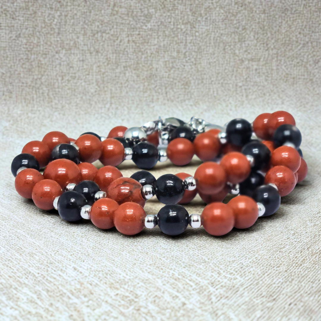 Bracelet triple tour et collier en Jaspe rouge et Hypersthène (COLBR23-55)