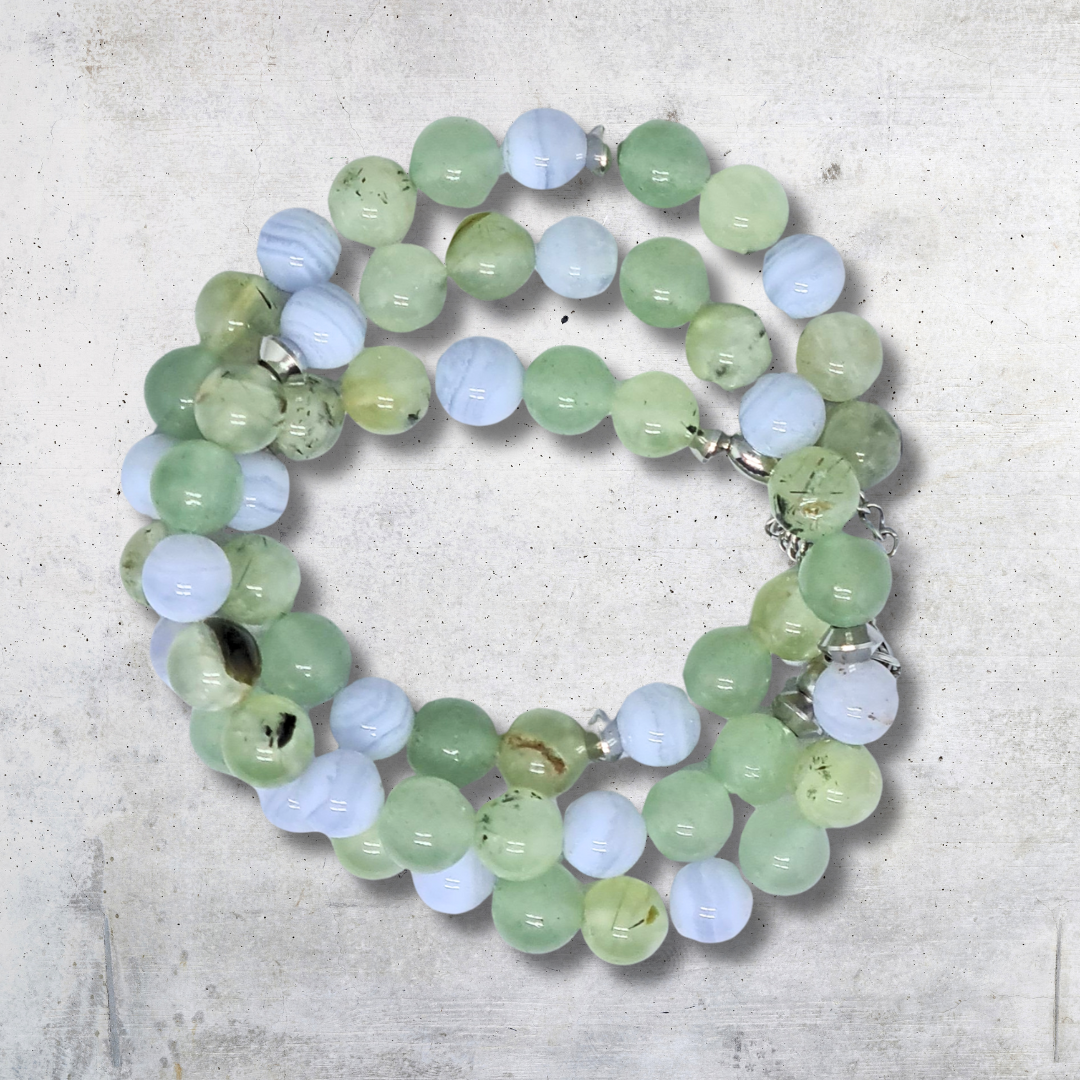 Bracelet triple tour et collier en Prehnite et Agate bleue (COLBR23-52)