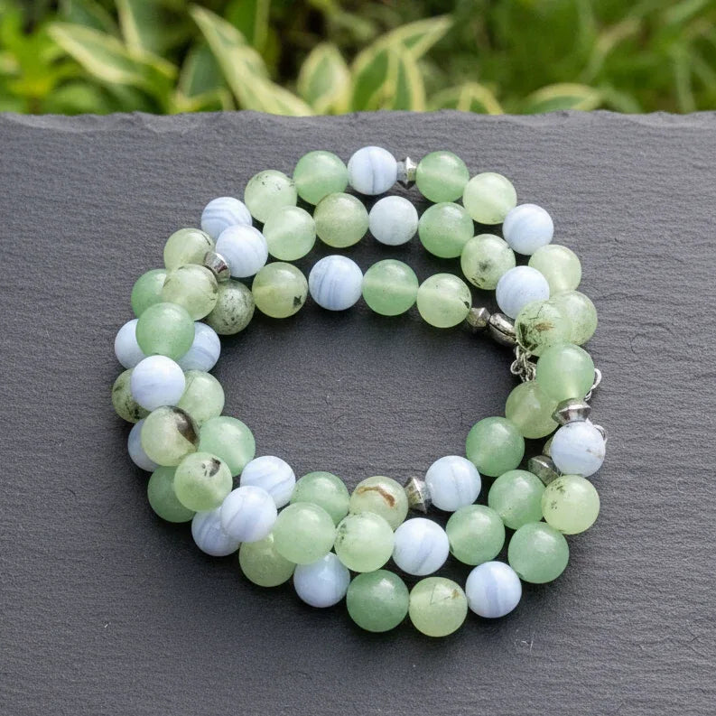 Bracelet triple tour et collier en Prehnite et Agate bleue (COLBR23-52)