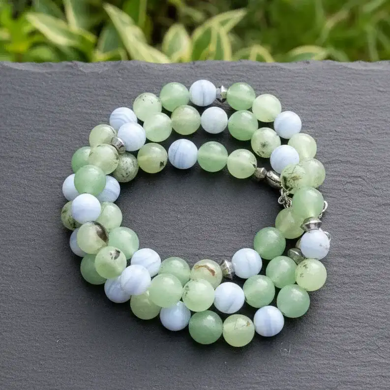 Bracelet triple tour et collier en Prehnite et Agate bleue (COLBR23 - 52)