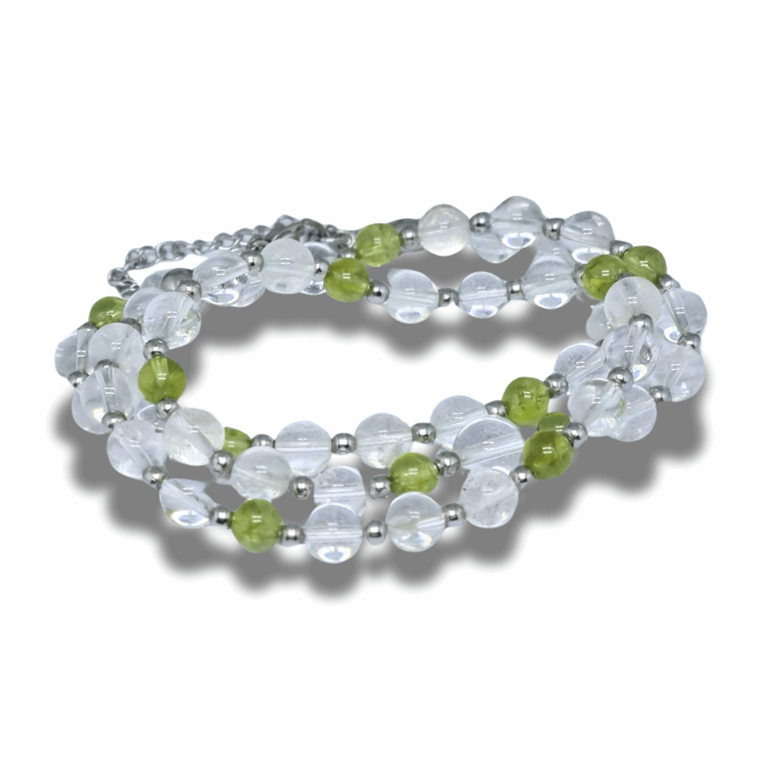 Bracelet triple tour et collier en Cristal de Roche et Péridot (COLBR23-56) - ENAE Minéraux
