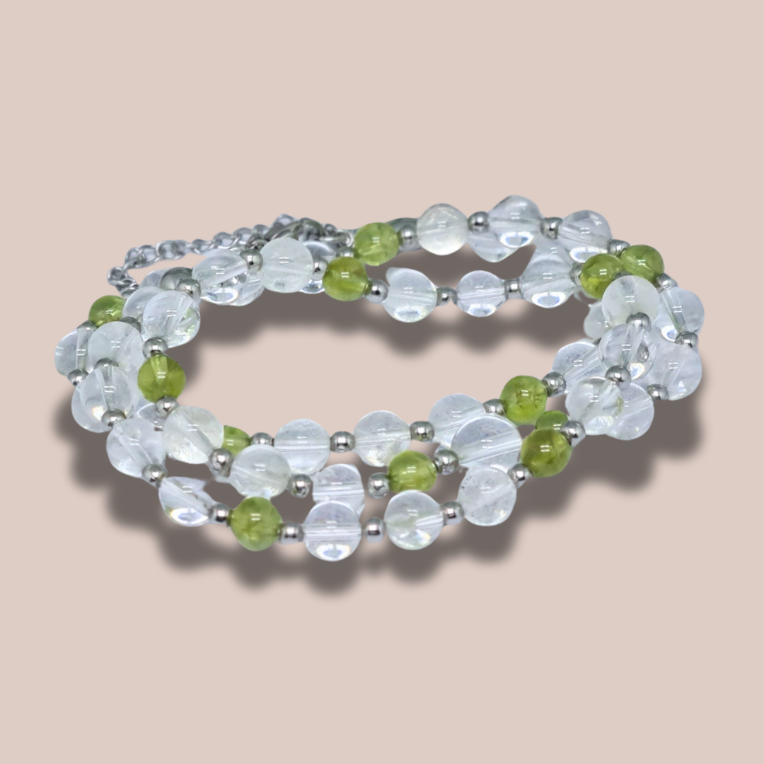 Bracelet triple tour et collier en Cristal de Roche et Péridot (COLBR23-56)