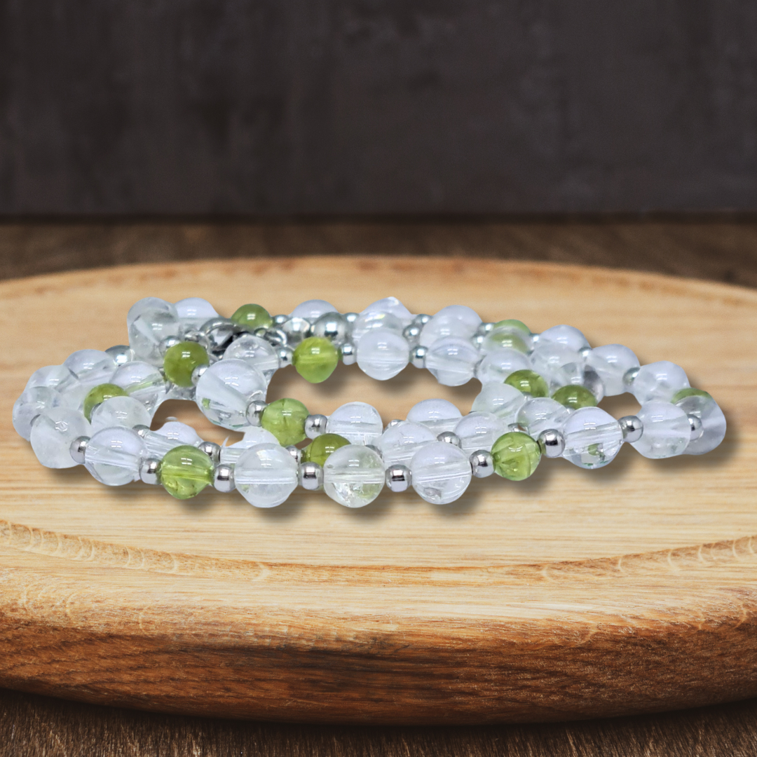 Bracelet triple tour et collier en Cristal de Roche et Péridot (COLBR23-56) - ENAE Minéraux