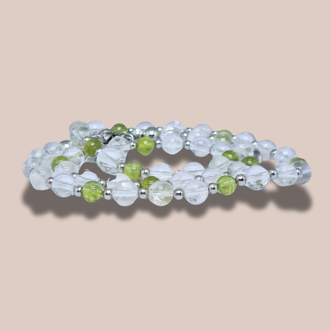 Bracelet triple tour et collier en Cristal de Roche et Péridot (COLBR23-56)