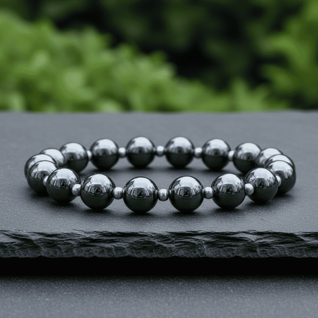 Bracelet en perles d’hématite, billes noir argenté brillantes avec fermoir discret